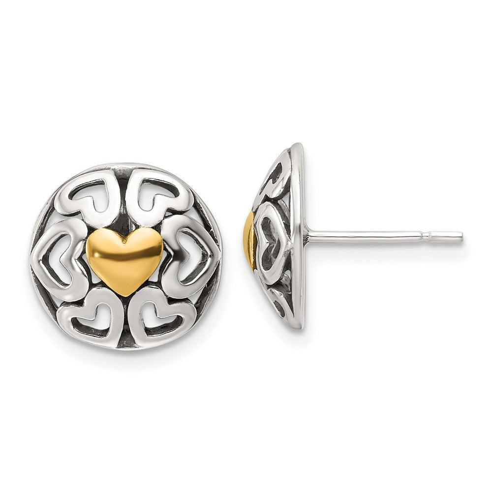 Sterling Silver Gold-Tone Polished & Antiqued Heart Circle Post Earrings