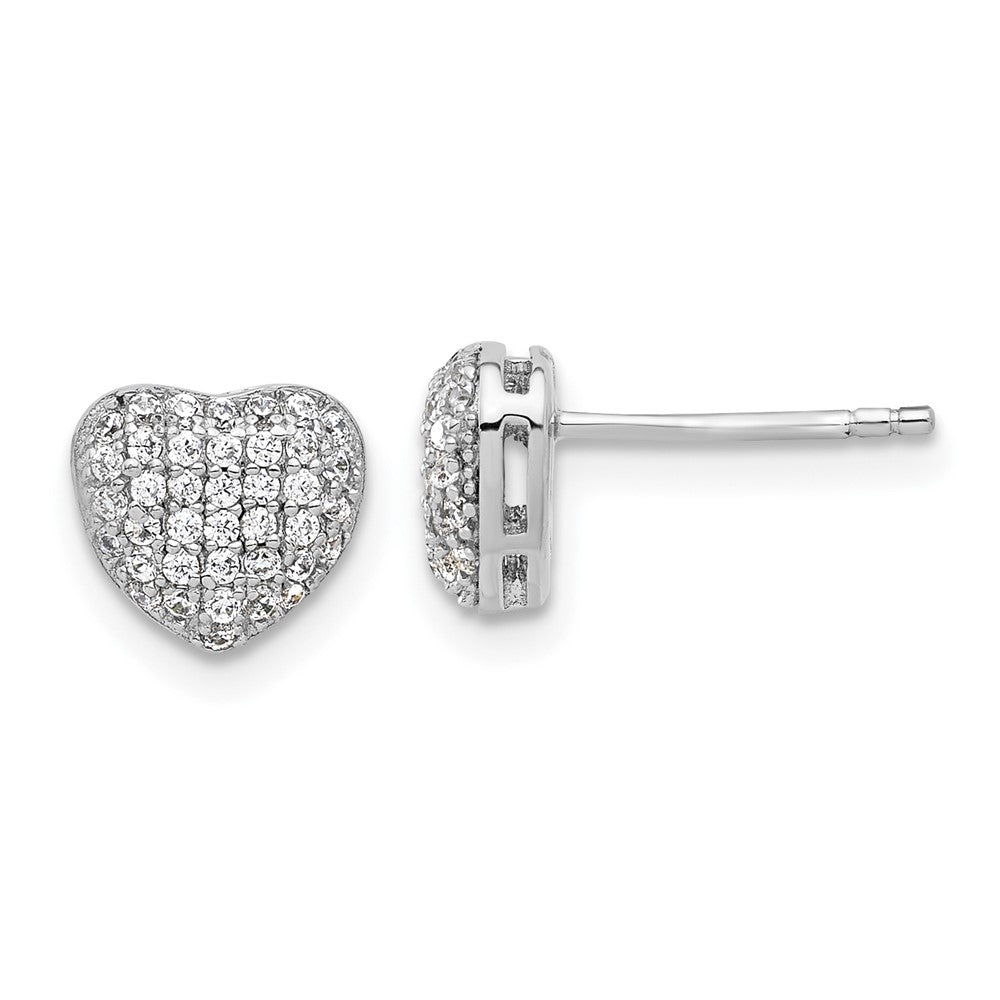 Sterling Silver Rhodium-Plated Pave CZ Heart Post Earrings
