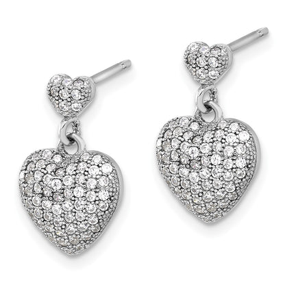 Sterling Silver Rhodium-Plated Pave CZ Heart Dangle Post Earrings