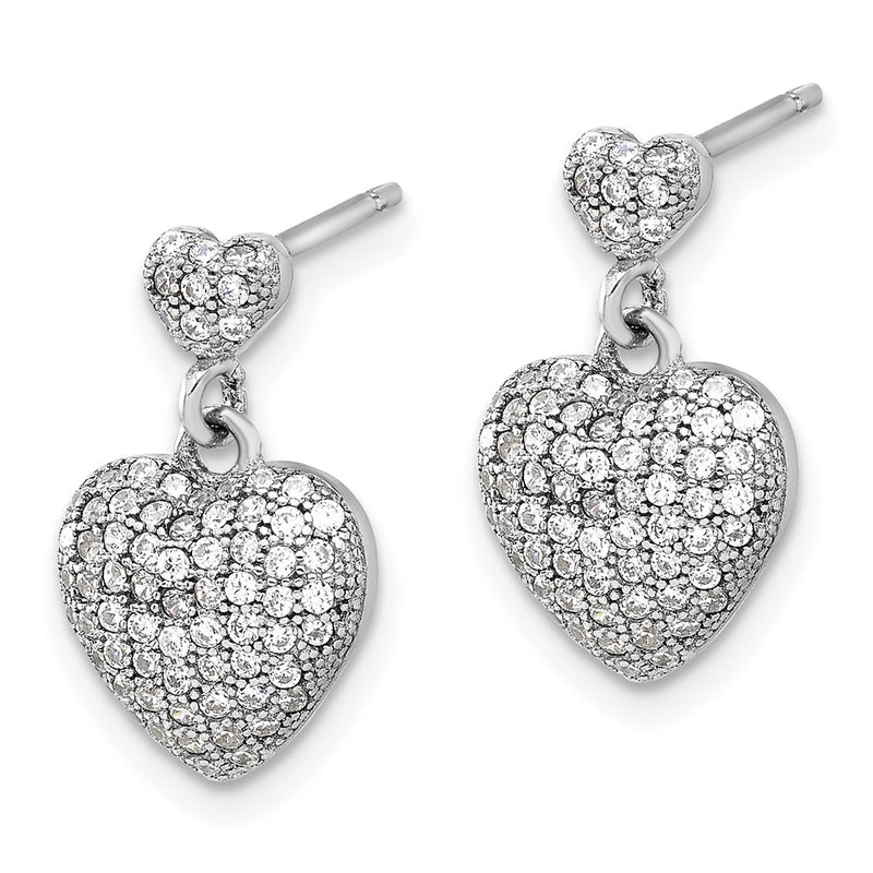 Sterling Silver Rhodium-Plated Pave CZ Heart Dangle Post Earrings
