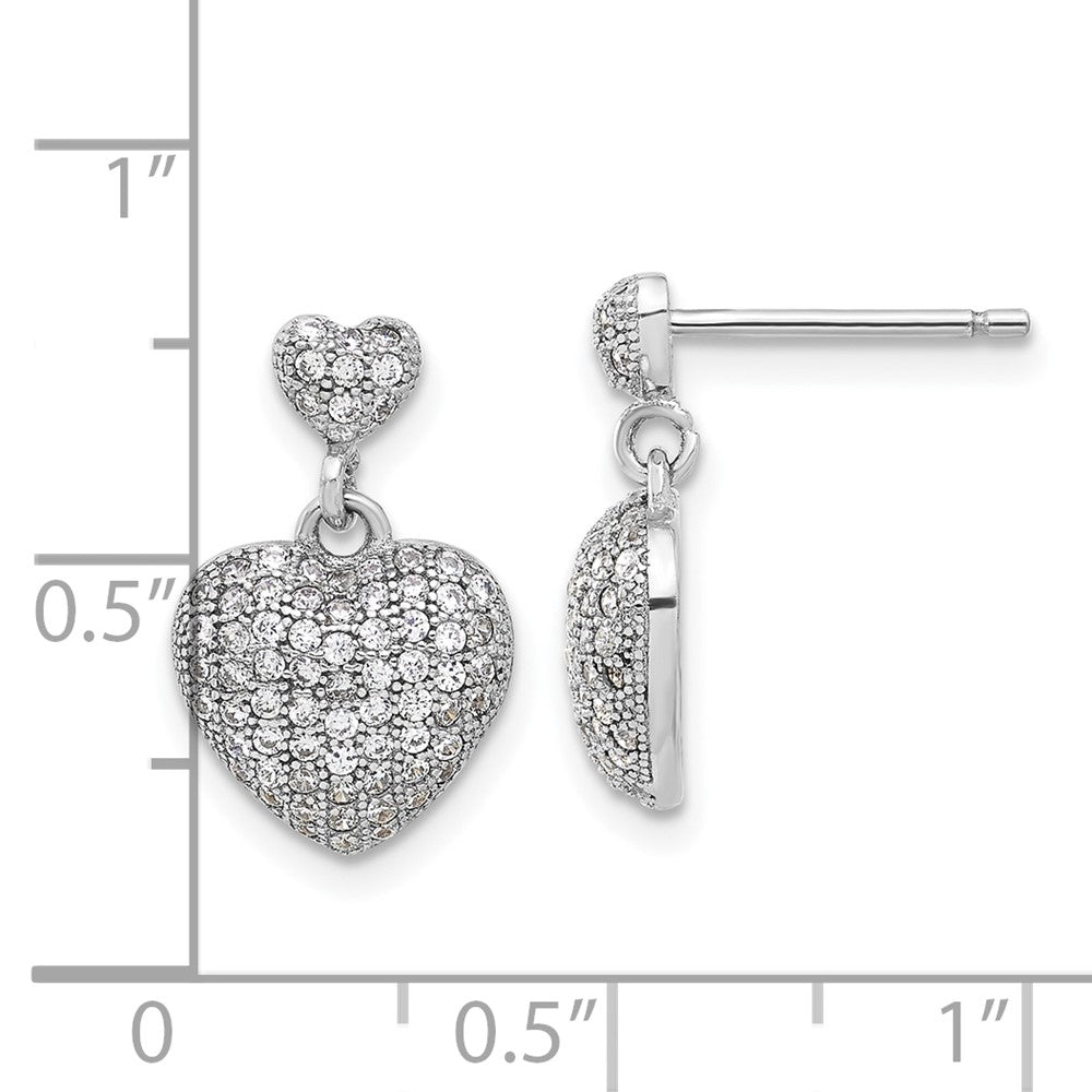 Sterling Silver Rhodium-Plated Pave CZ Heart Dangle Post Earrings