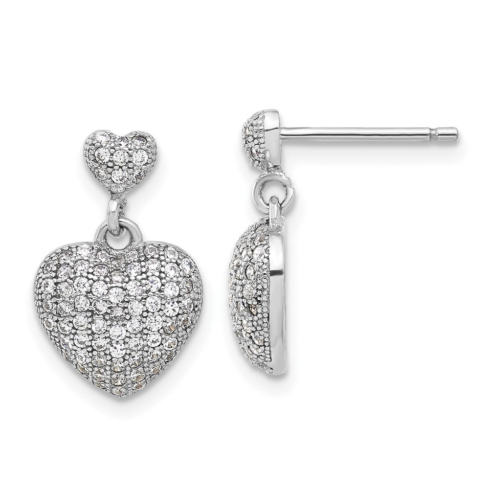 Sterling Silver Rhodium-Plated Pave CZ Heart Dangle Post Earrings