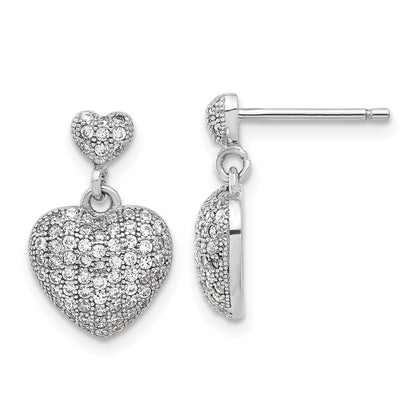 Sterling Silver Rhodium-Plated Pave CZ Heart Dangle Post Earrings