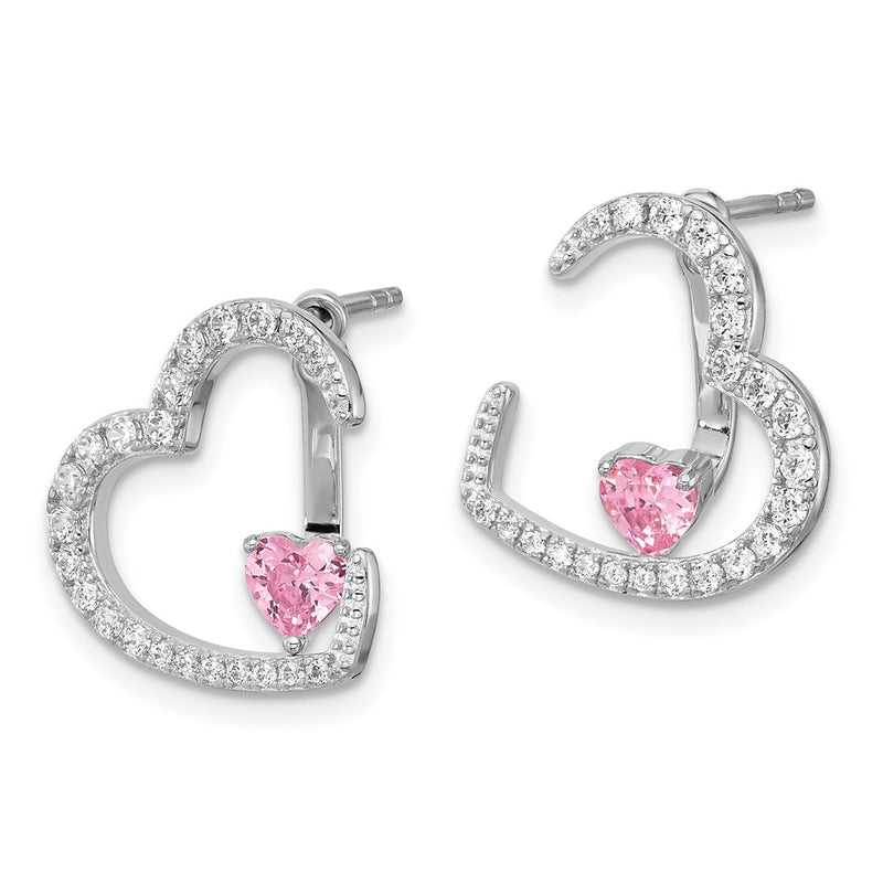 Sterling Silver Rhodium Plated White and Pink CZ Heart W/ Jacket Post Earrings