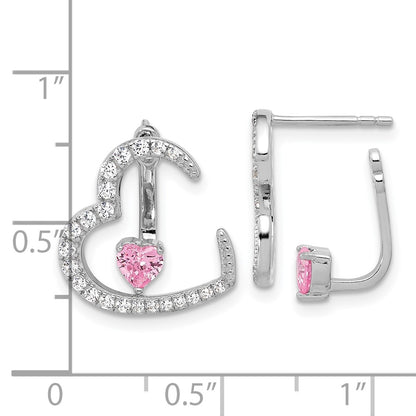 Sterling Silver Rhodium Plated White and Pink CZ Heart W/ Jacket Post Earrings