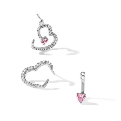 Sterling Silver Rhodium Plated White and Pink CZ Heart W/ Jacket Post Earrings