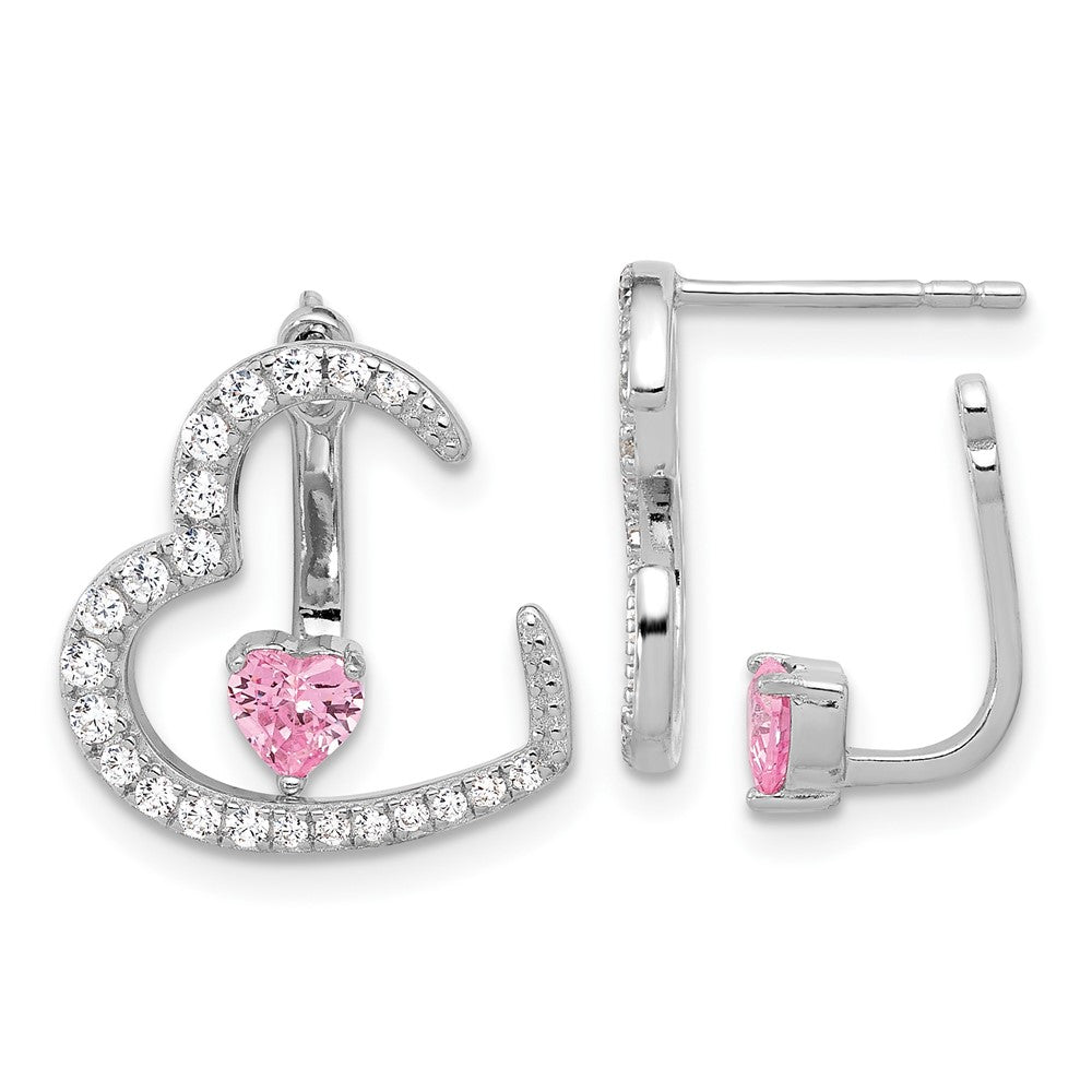 Sterling Silver Rhodium Plated White and Pink CZ Heart W/ Jacket Post Earrings