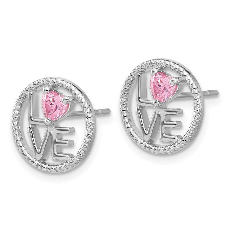 Sterling Silver Rhodium-Plated Love Pink CZ Post Earrings