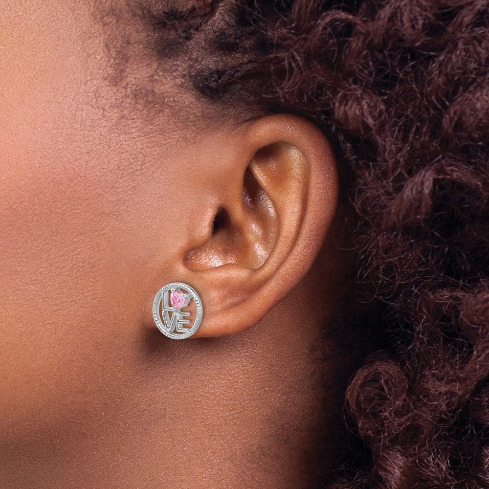 Sterling Silver Rhodium-Plated Love Pink CZ Post Earrings