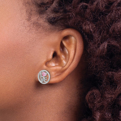Sterling Silver Rhodium-Plated Love Pink CZ Post Earrings