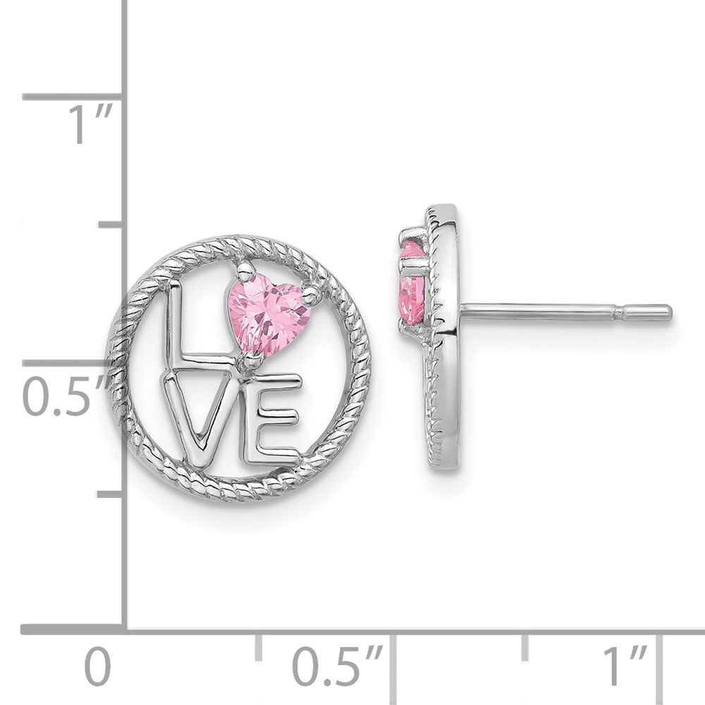 Sterling Silver Rhodium-Plated Love Pink CZ Post Earrings