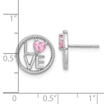 Sterling Silver Rhodium-Plated Love Pink CZ Post Earrings
