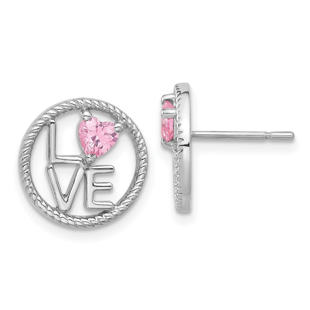 Sterling Silver Rhodium-Plated Love Pink CZ Post Earrings