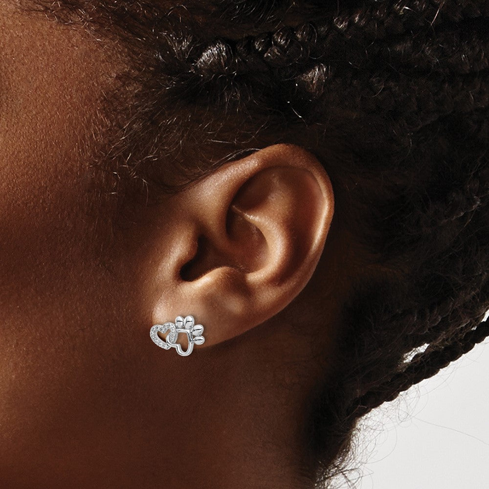 Sterling Silver Rhodium-Plated with CZ Hearts and Paw Print Post Earrings