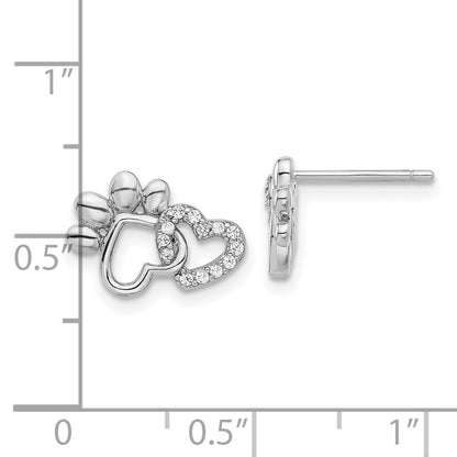 Sterling Silver Rhodium-Plated with CZ Hearts and Paw Print Post Earrings
