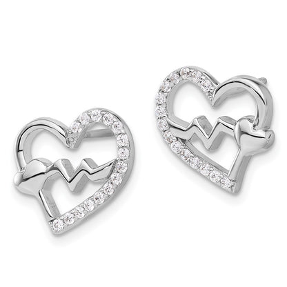 Sterling Silver Rhodium-Plated Polished CZ Heartbeat Heart Post Earrings