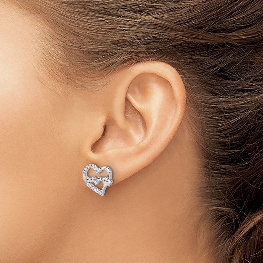 Sterling Silver Rhodium-Plated Polished CZ Heartbeat Heart Post Earrings