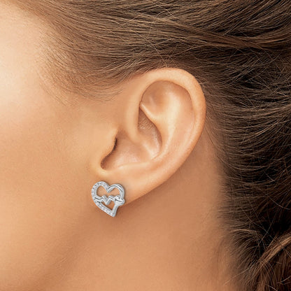 Sterling Silver Rhodium-Plated Polished CZ Heartbeat Heart Post Earrings