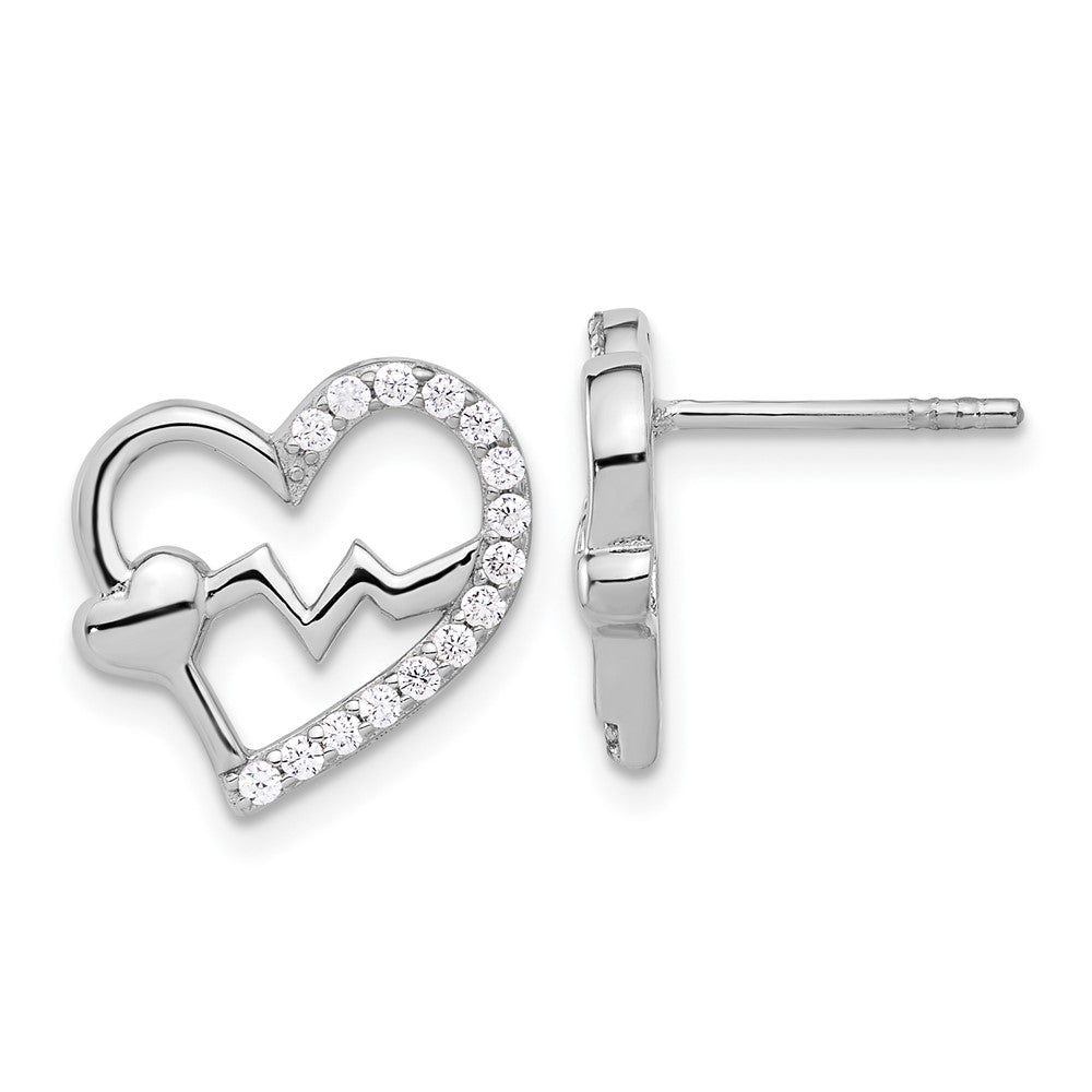 Sterling Silver Rhodium-Plated Polished CZ Heartbeat Heart Post Earrings