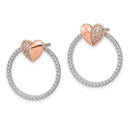 Sterling Silver Rhodium-Plated Rose-Tone CZ Heart and Open Circle Post Earrings