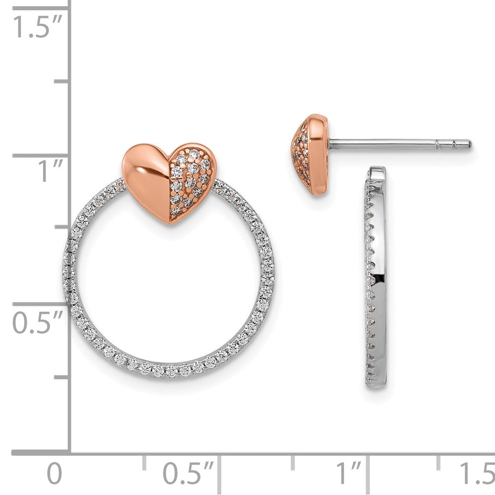 Sterling Silver Rhodium-Plated Rose-Tone CZ Heart and Open Circle Post Earrings