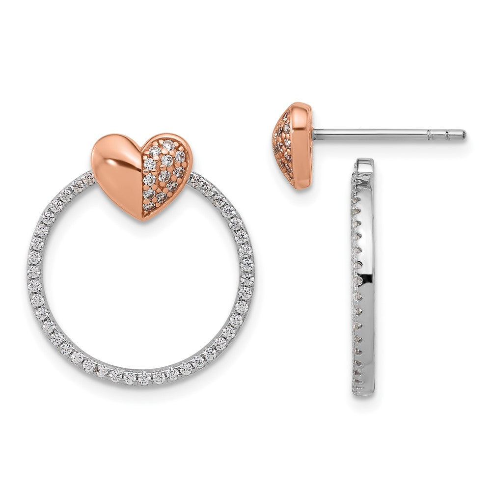 Sterling Silver Rhodium-Plated Rose-Tone CZ Heart and Open Circle Post Earrings