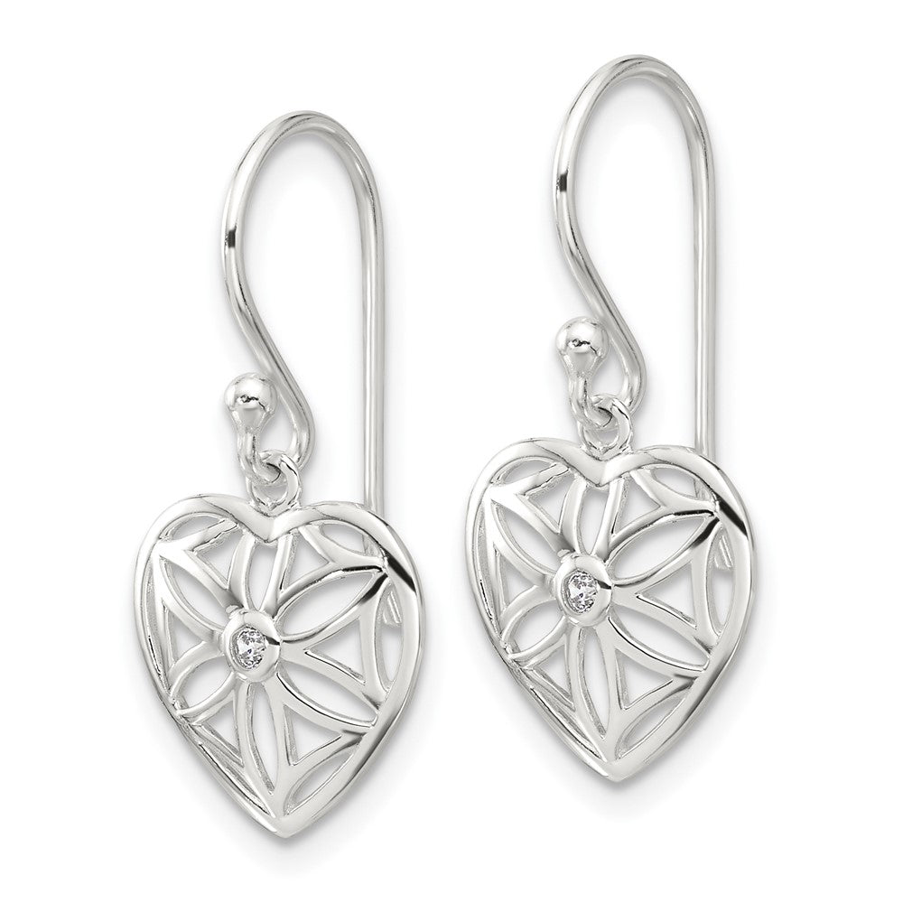 Sterling Silver E-Coated with CZ Heart Shepherd Hook Dangle Earrings