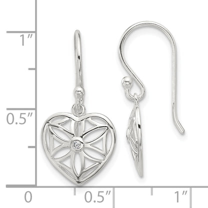 Sterling Silver E-Coated with CZ Heart Shepherd Hook Dangle Earrings