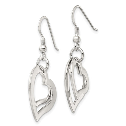 Sterling Silver Polished Two Piece Open Heart Shepherd Hook Earrings