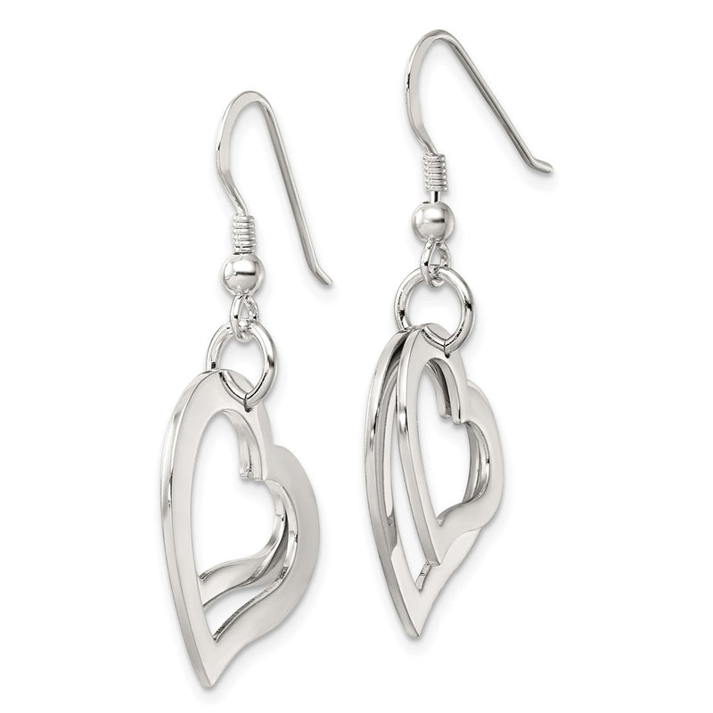 Sterling Silver Polished Two Piece Open Heart Shepherd Hook Earrings