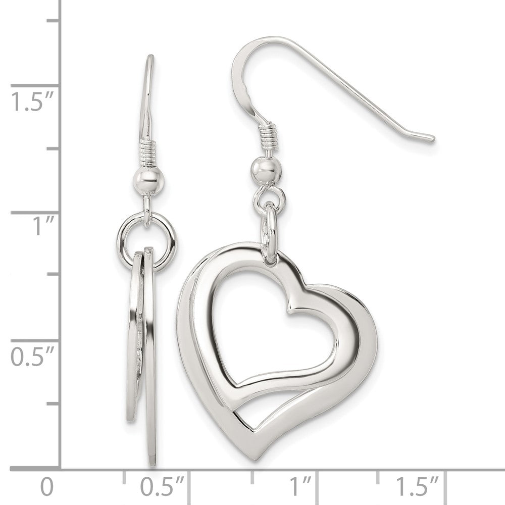 Sterling Silver Polished Two Piece Open Heart Shepherd Hook Earrings