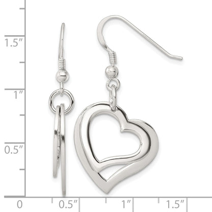 Sterling Silver Polished Two Piece Open Heart Shepherd Hook Earrings