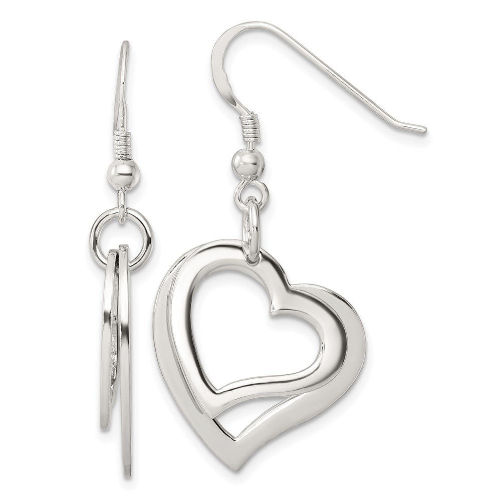 Sterling Silver Polished Two Piece Open Heart Shepherd Hook Earrings