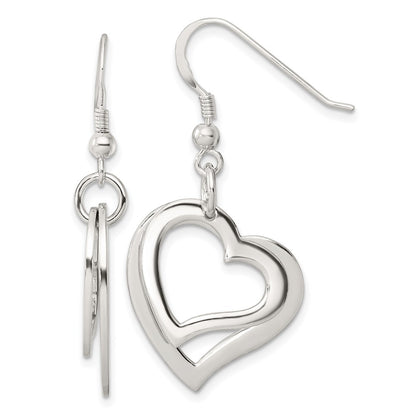 Sterling Silver Polished Two Piece Open Heart Shepherd Hook Earrings