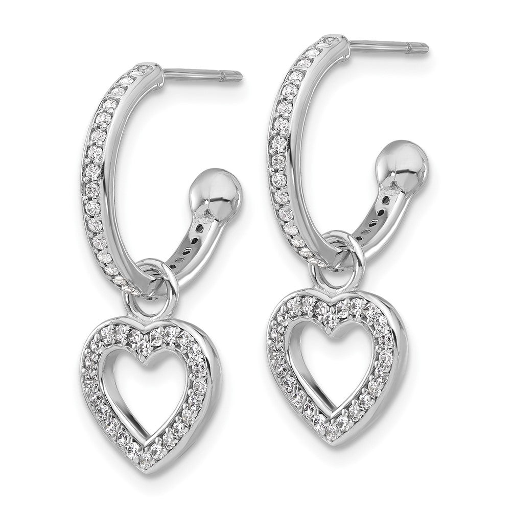 Sterling Silver Rhodium Plated Polished CZ Dangle Heart Hoop Post Earrings