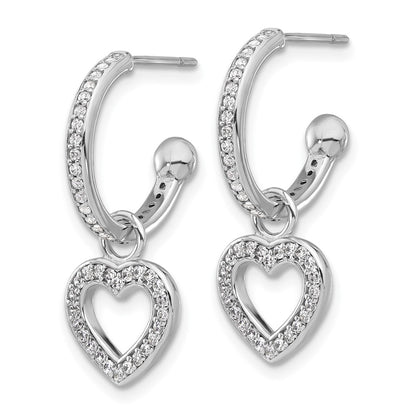 Sterling Silver Rhodium Plated Polished CZ Dangle Heart Hoop Post Earrings
