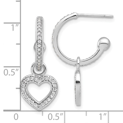 Sterling Silver Rhodium Plated Polished CZ Dangle Heart Hoop Post Earrings