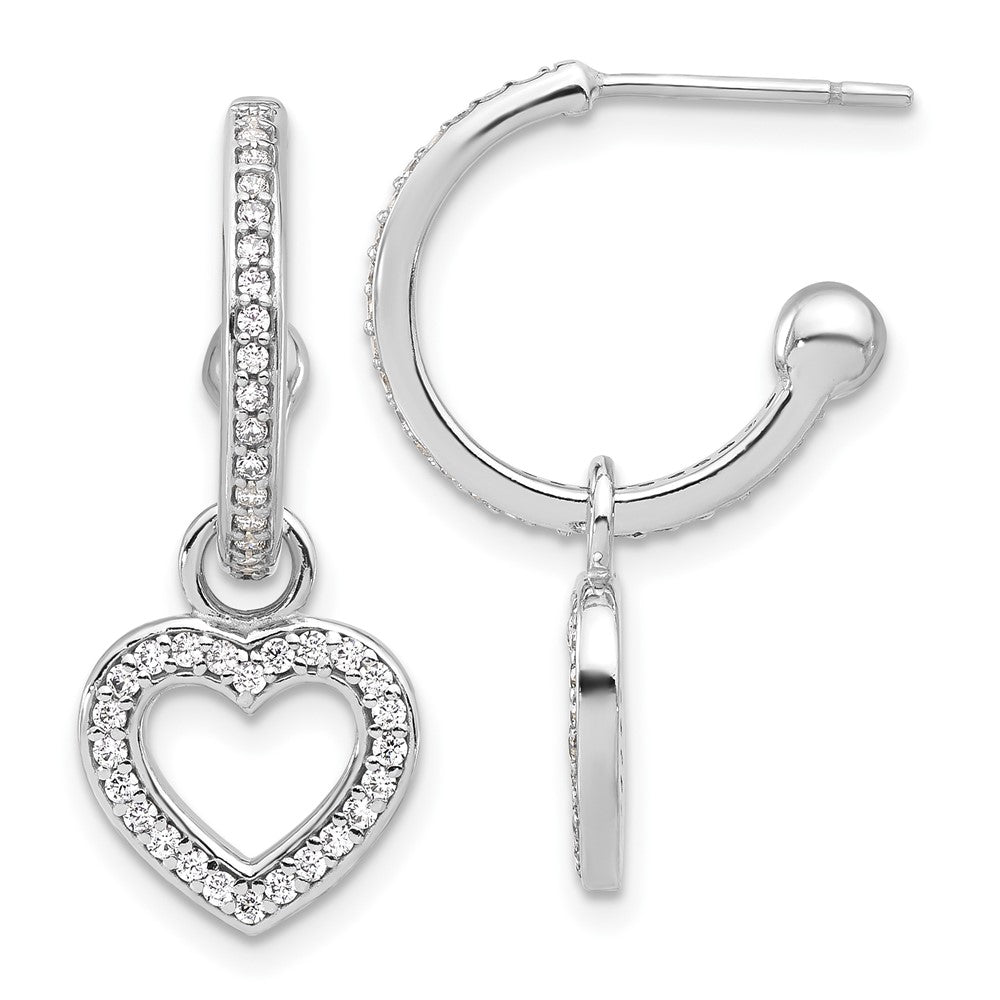 Sterling Silver Rhodium Plated Polished CZ Dangle Heart Hoop Post Earrings