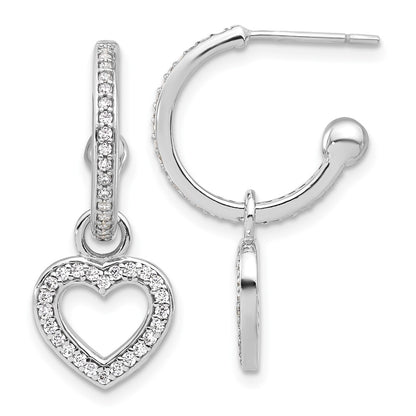 Sterling Silver Rhodium Plated Polished CZ Dangle Heart Hoop Post Earrings