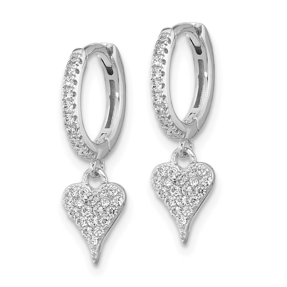 Sterling Silver Rhodium-Plated CZ Heart Dangle Hinged Hoop Earrings