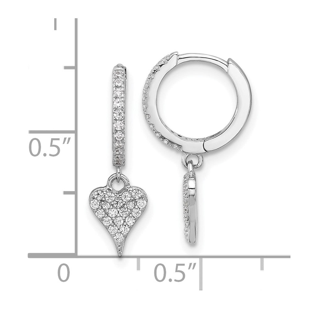 Sterling Silver Rhodium-Plated CZ Heart Dangle Hinged Hoop Earrings
