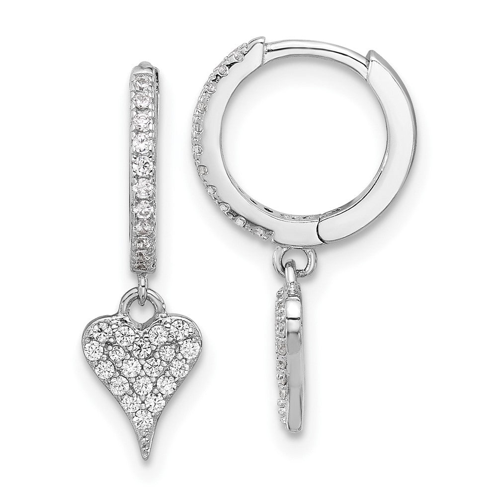 Sterling Silver Rhodium-Plated CZ Heart Dangle Hinged Hoop Earrings