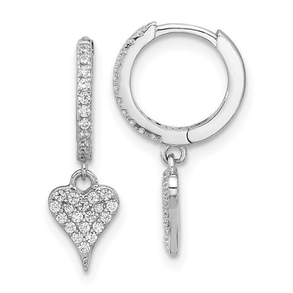 Sterling Silver Rhodium-Plated CZ Heart Dangle Hinged Hoop Earrings