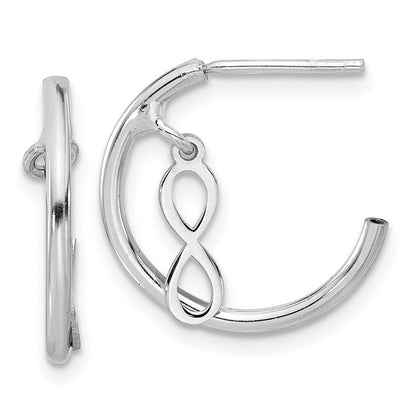 Sterling Silver Rhodium Plated Polished Infinity Dangle J-Hoop Post Earrings