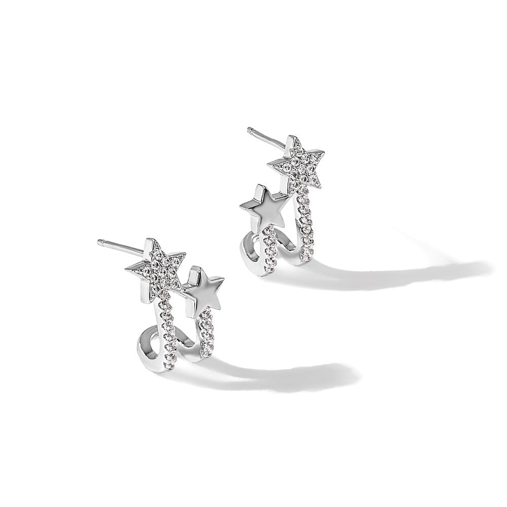 Sterling Silver Rhodium-Plated CZ Star Cuff Post Earrings