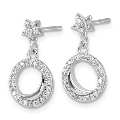 Sterling Silver Rhodium-Plated Polished CZ Star Moon Dangle Post Earrings