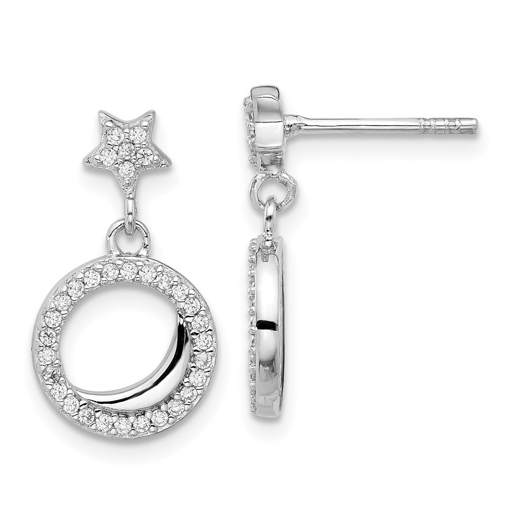 Sterling Silver Rhodium-Plated Polished CZ Star Moon Dangle Post Earrings