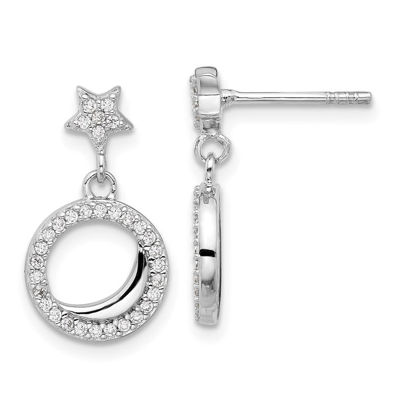 Sterling Silver Rhodium-Plated Polished CZ Star Moon Dangle Post Earrings