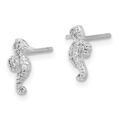 Sterling Silver Rhodium-Plated Polished CZ Seahorse Post Earrings