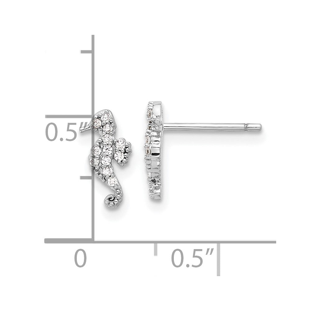 Sterling Silver Rhodium-Plated Polished CZ Seahorse Post Earrings